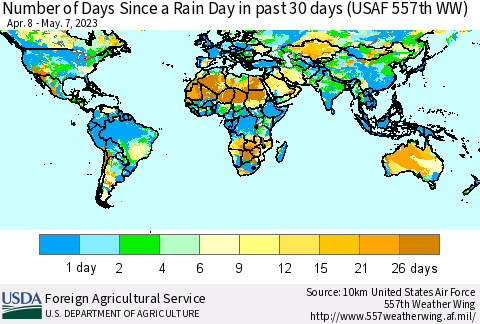 World Number of Days Since a Rain Day in past 30 days (USAF 557th WW) Thematic Map For 5/1/2023 - 5/7/2023