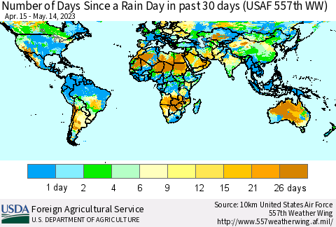 World Number of Days Since a Rain Day in past 30 days (USAF 557th WW) Thematic Map For 5/8/2023 - 5/14/2023