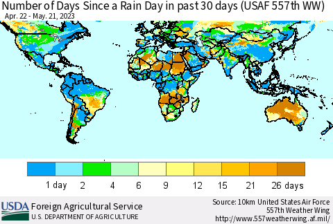 World Number of Days Since a Rain Day in past 30 days (USAF 557th WW) Thematic Map For 5/15/2023 - 5/21/2023