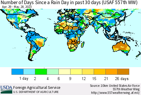 World Number of Days Since a Rain Day in past 30 days (USAF 557th WW) Thematic Map For 5/22/2023 - 5/28/2023