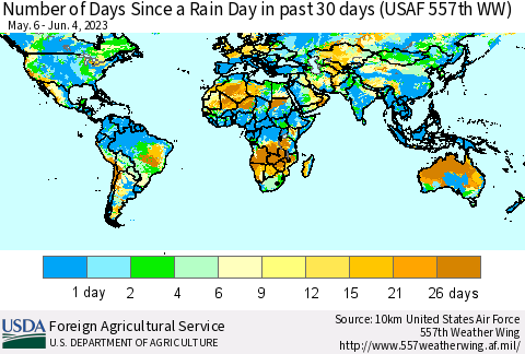 World Number of Days Since a Rain Day in past 30 days (USAF 557th WW) Thematic Map For 5/29/2023 - 6/4/2023