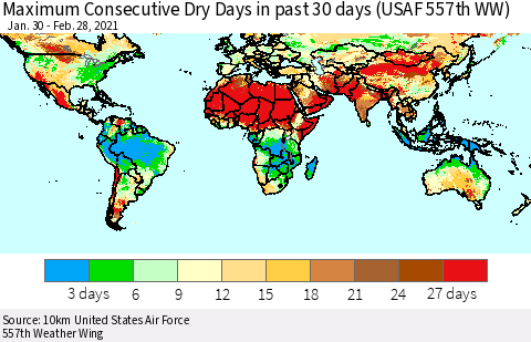 World Maximum Consecutive Dry Days in past 30 days (USAF 557th WW) 02/28/2021 Thematic Map For 2/26/2021 - 2/28/2021