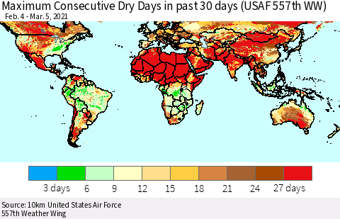 World Maximum Consecutive Dry Days in past 30 days (USAF 557th WW) 03/05/2021 Thematic Map For 3/1/2021 - 3/5/2021