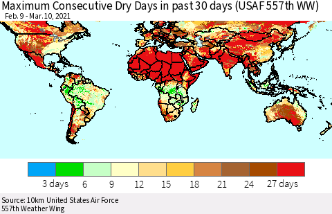 World Maximum Consecutive Dry Days in past 30 days (USAF 557th WW) 03/10/2021 Thematic Map For 3/6/2021 - 3/10/2021