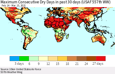 World Maximum Consecutive Dry Days in past 30 days (USAF 557th WW) 03/15/2021 Thematic Map For 3/11/2021 - 3/15/2021