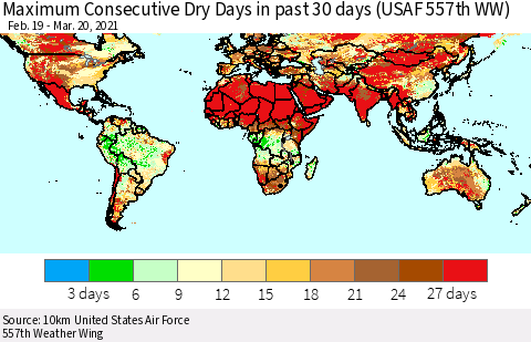 World Maximum Consecutive Dry Days in past 30 days (USAF 557th WW) 03/20/2021 Thematic Map For 3/16/2021 - 3/20/2021