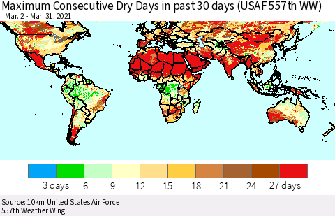 World Maximum Consecutive Dry Days in past 30 days (USAF 557th WW) 03/31/2021 Thematic Map For 3/26/2021 - 3/31/2021