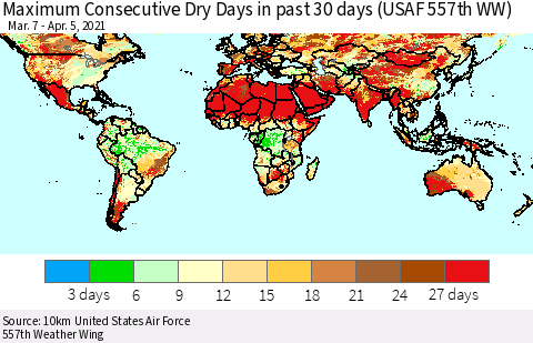 World Maximum Consecutive Dry Days in past 30 days (USAF 557th WW) 04/05/2021 Thematic Map For 4/1/2021 - 4/5/2021