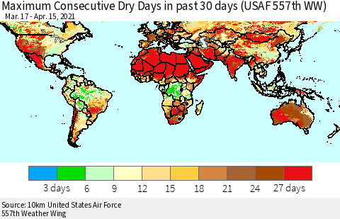 World Maximum Consecutive Dry Days in past 30 days (USAF 557th WW) 04/15/2021 Thematic Map For 4/11/2021 - 4/15/2021