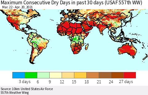 World Maximum Consecutive Dry Days in past 30 days (USAF 557th WW) 04/20/2021 Thematic Map For 4/16/2021 - 4/20/2021