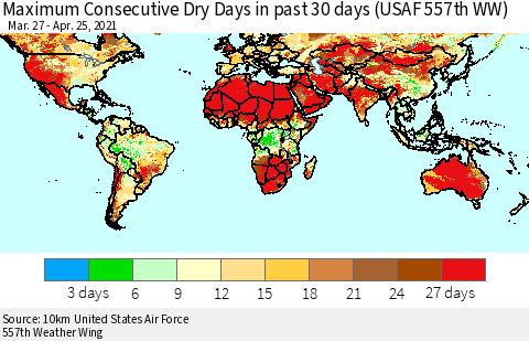 World Maximum Consecutive Dry Days in past 30 days (USAF 557th WW) 04/25/2021 Thematic Map For 4/21/2021 - 4/25/2021