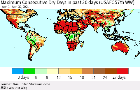 World Maximum Consecutive Dry Days in past 30 days (USAF 557th WW) 04/30/2021 Thematic Map For 4/26/2021 - 4/30/2021