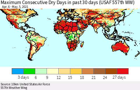 World Maximum Consecutive Dry Days in past 30 days (USAF 557th WW) 05/05/2021 Thematic Map For 5/1/2021 - 5/5/2021