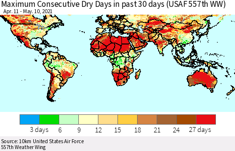 World Maximum Consecutive Dry Days in past 30 days (USAF 557th WW) 05/10/2021 Thematic Map For 5/6/2021 - 5/10/2021