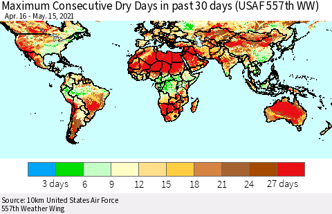 World Maximum Consecutive Dry Days in past 30 days (USAF 557th WW) 05/15/2021 Thematic Map For 5/11/2021 - 5/15/2021