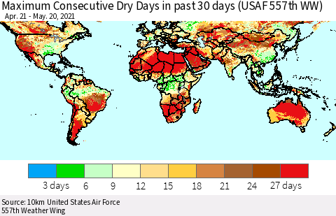 World Maximum Consecutive Dry Days in past 30 days (USAF 557th WW) 05/20/2021 Thematic Map For 5/16/2021 - 5/20/2021