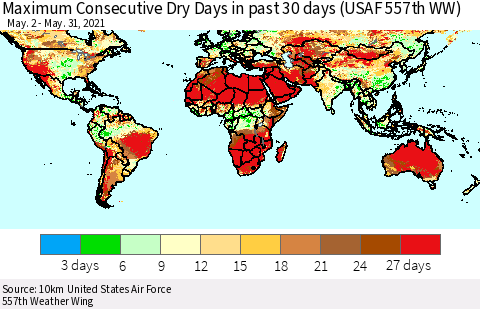 World Maximum Consecutive Dry Days in past 30 days (USAF 557th WW) 05/31/2021 Thematic Map For 5/26/2021 - 5/31/2021