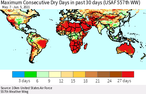 World Maximum Consecutive Dry Days in past 30 days (USAF 557th WW) 06/05/2021 Thematic Map For 6/1/2021 - 6/5/2021