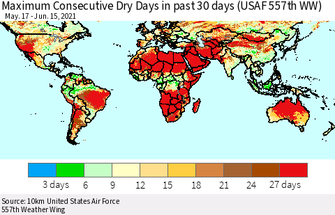 World Maximum Consecutive Dry Days in past 30 days (USAF 557th WW) 06/15/2021 Thematic Map For 6/11/2021 - 6/15/2021