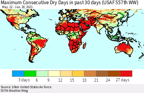 World Maximum Consecutive Dry Days in past 30 days (USAF 557th WW) 06/20/2021 Thematic Map For 6/16/2021 - 6/20/2021