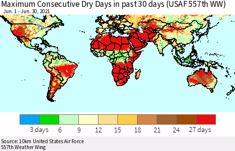 World Maximum Consecutive Dry Days in past 30 days (USAF 557th WW) 06/30/2021 Thematic Map For 6/26/2021 - 6/30/2021