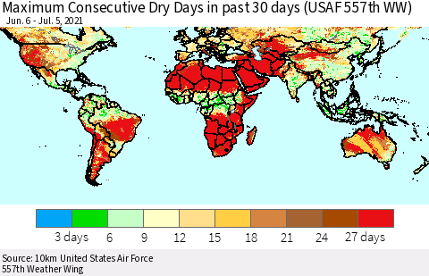 World Maximum Consecutive Dry Days in past 30 days (USAF 557th WW) 07/05/2021 Thematic Map For 7/1/2021 - 7/5/2021