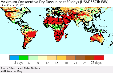 World Maximum Consecutive Dry Days in past 30 days (USAF 557th WW) 07/10/2021 Thematic Map For 7/6/2021 - 7/10/2021