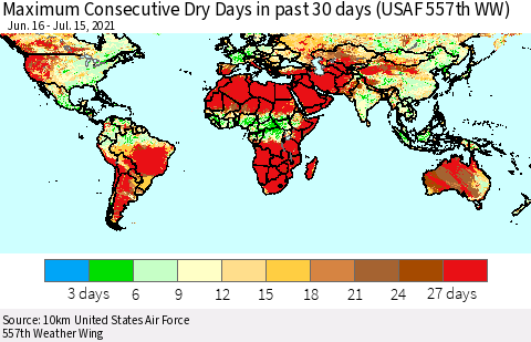 World Maximum Consecutive Dry Days in past 30 days (USAF 557th WW) 07/15/2021 Thematic Map For 7/11/2021 - 7/15/2021