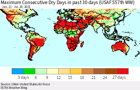 World Maximum Consecutive Dry Days in past 30 days (USAF 557th WW) 07/20/2021 Thematic Map For 7/16/2021 - 7/20/2021