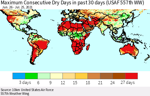 World Maximum Consecutive Dry Days in past 30 days (USAF 557th WW) 07/25/2021 Thematic Map For 7/21/2021 - 7/25/2021