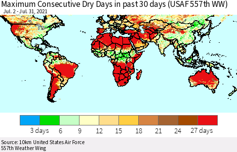 World Maximum Consecutive Dry Days in past 30 days (USAF 557th WW) 07/31/2021 Thematic Map For 7/26/2021 - 7/31/2021
