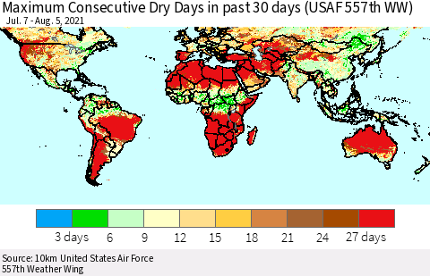 World Maximum Consecutive Dry Days in past 30 days (USAF 557th WW) 08/05/2021 Thematic Map For 8/1/2021 - 8/5/2021