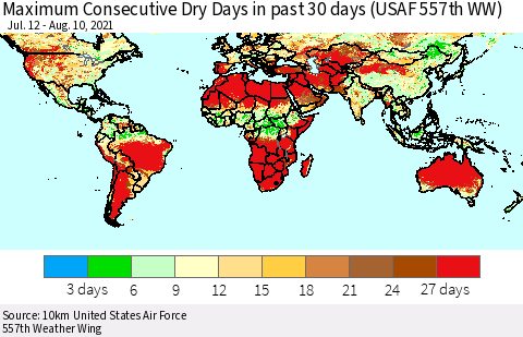 World Maximum Consecutive Dry Days in past 30 days (USAF 557th WW) 08/10/2021 Thematic Map For 8/6/2021 - 8/10/2021