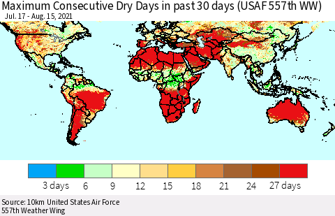 World Maximum Consecutive Dry Days in past 30 days (USAF 557th WW) 08/15/2021 Thematic Map For 8/11/2021 - 8/15/2021