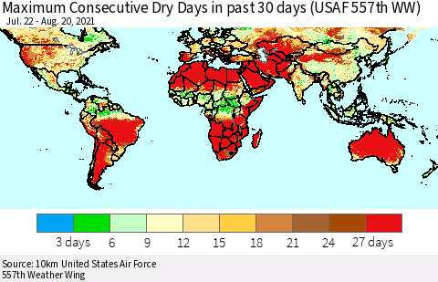 World Maximum Consecutive Dry Days in past 30 days (USAF 557th WW) 08/20/2021 Thematic Map For 8/16/2021 - 8/20/2021