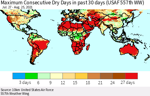 World Maximum Consecutive Dry Days in past 30 days (USAF 557th WW) 08/25/2021 Thematic Map For 8/21/2021 - 8/25/2021