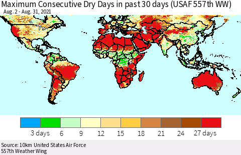 World Maximum Consecutive Dry Days in past 30 days (USAF 557th WW) 08/31/2021 Thematic Map For 8/26/2021 - 8/31/2021
