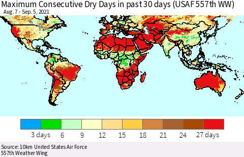 World Maximum Consecutive Dry Days in past 30 days (USAF 557th WW) 09/05/2021 Thematic Map For 9/1/2021 - 9/5/2021