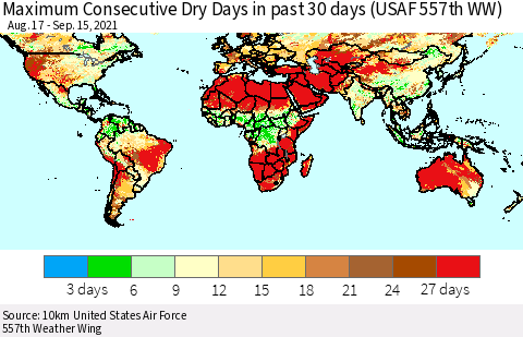 World Maximum Consecutive Dry Days in past 30 days (USAF 557th WW) 09/15/2021 Thematic Map For 9/11/2021 - 9/15/2021