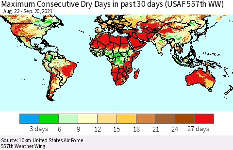 World Maximum Consecutive Dry Days in past 30 days (USAF 557th WW) 09/20/2021 Thematic Map For 9/16/2021 - 9/20/2021