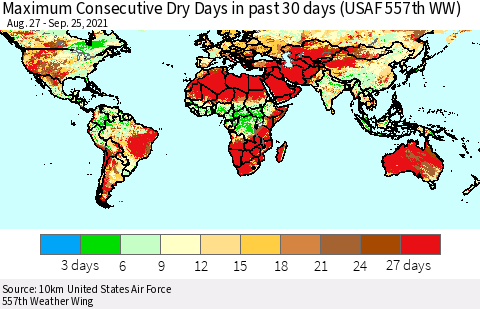 World Maximum Consecutive Dry Days in past 30 days (USAF 557th WW) 09/25/2021 Thematic Map For 9/21/2021 - 9/25/2021