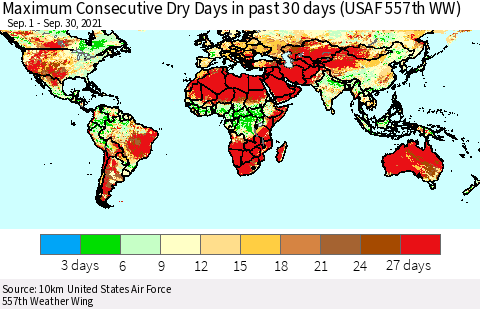 World Maximum Consecutive Dry Days in past 30 days (USAF 557th WW) 09/30/2021 Thematic Map For 9/26/2021 - 9/30/2021