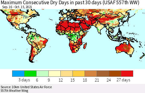 World Maximum Consecutive Dry Days in past 30 days (USAF 557th WW) 10/15/2021 Thematic Map For 10/11/2021 - 10/15/2021