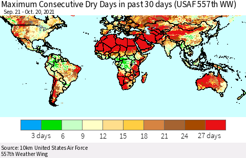 World Maximum Consecutive Dry Days in past 30 days (USAF 557th WW) 10/20/2021 Thematic Map For 10/16/2021 - 10/20/2021