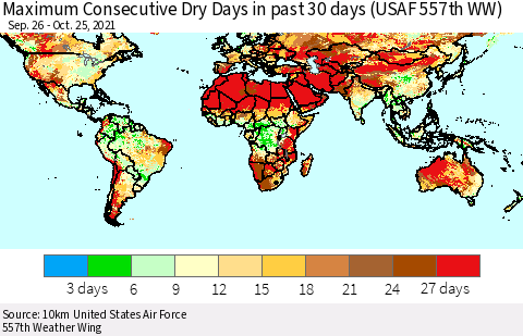 World Maximum Consecutive Dry Days in past 30 days (USAF 557th WW) 10/25/2021 Thematic Map For 10/21/2021 - 10/25/2021