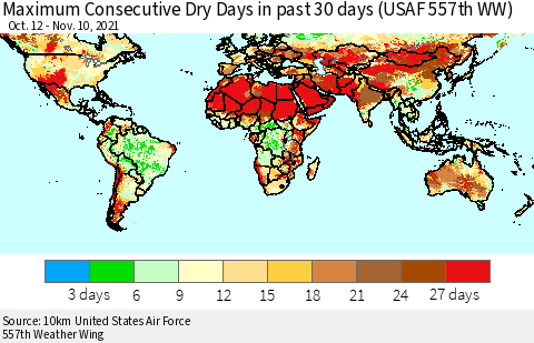 World Maximum Consecutive Dry Days in past 30 days (USAF 557th WW) 11/10/2021 Thematic Map For 11/6/2021 - 11/10/2021