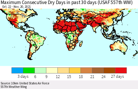 World Maximum Consecutive Dry Days in past 30 days (USAF 557th WW) 11/20/2021 Thematic Map For 11/16/2021 - 11/20/2021