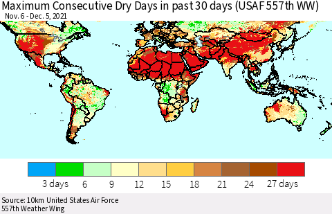 World Maximum Consecutive Dry Days in past 30 days (USAF 557th WW) 12/05/2021 Thematic Map For 12/1/2021 - 12/5/2021