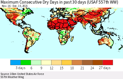 World Maximum Consecutive Dry Days in past 30 days (USAF 557th WW) 12/15/2021 Thematic Map For 12/11/2021 - 12/15/2021