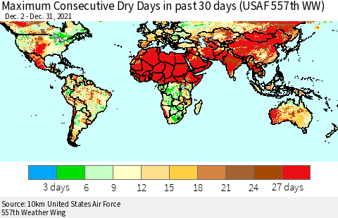 World Maximum Consecutive Dry Days in past 30 days (USAF 557th WW) 12/31/2021 Thematic Map For 12/26/2021 - 12/31/2021